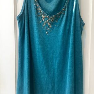 Eileen Fisher 100% Linen Teal Sleeveless tank  with Sequin Neckline
